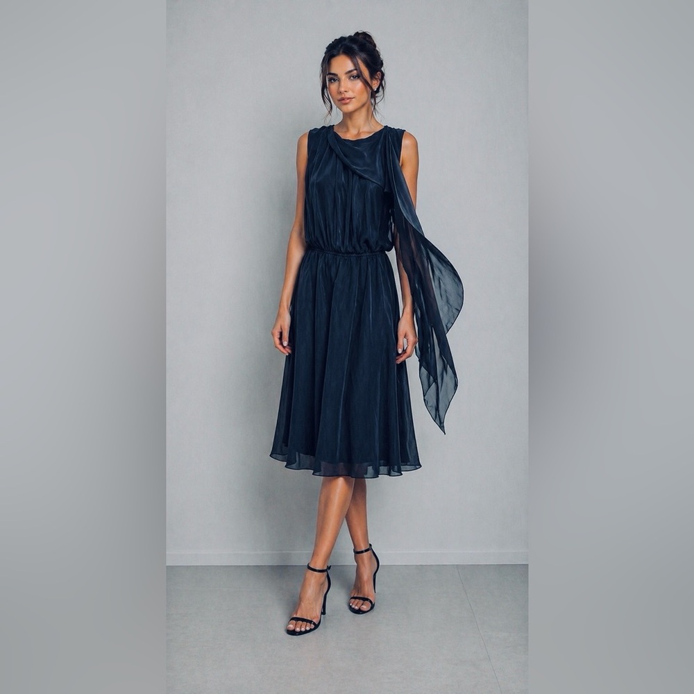 L'AGENCE Scarf Draped Dress 4 Midi 100%Silk Blouson Waist Wedding Elegant Lined